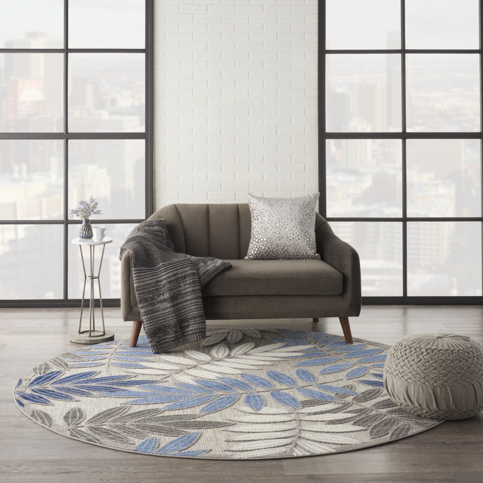 8 Round Gray and Blue Leaves Indoor Outdoor Area Rug