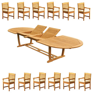 13-Piece Outdoor Teak Dining Set: 117" Masc Oval Extn Table, 12 Devon Arm Chairs