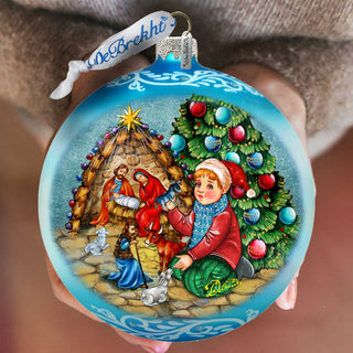 Nativity by the Christmas Tree Lg Glass Ornament, Blue