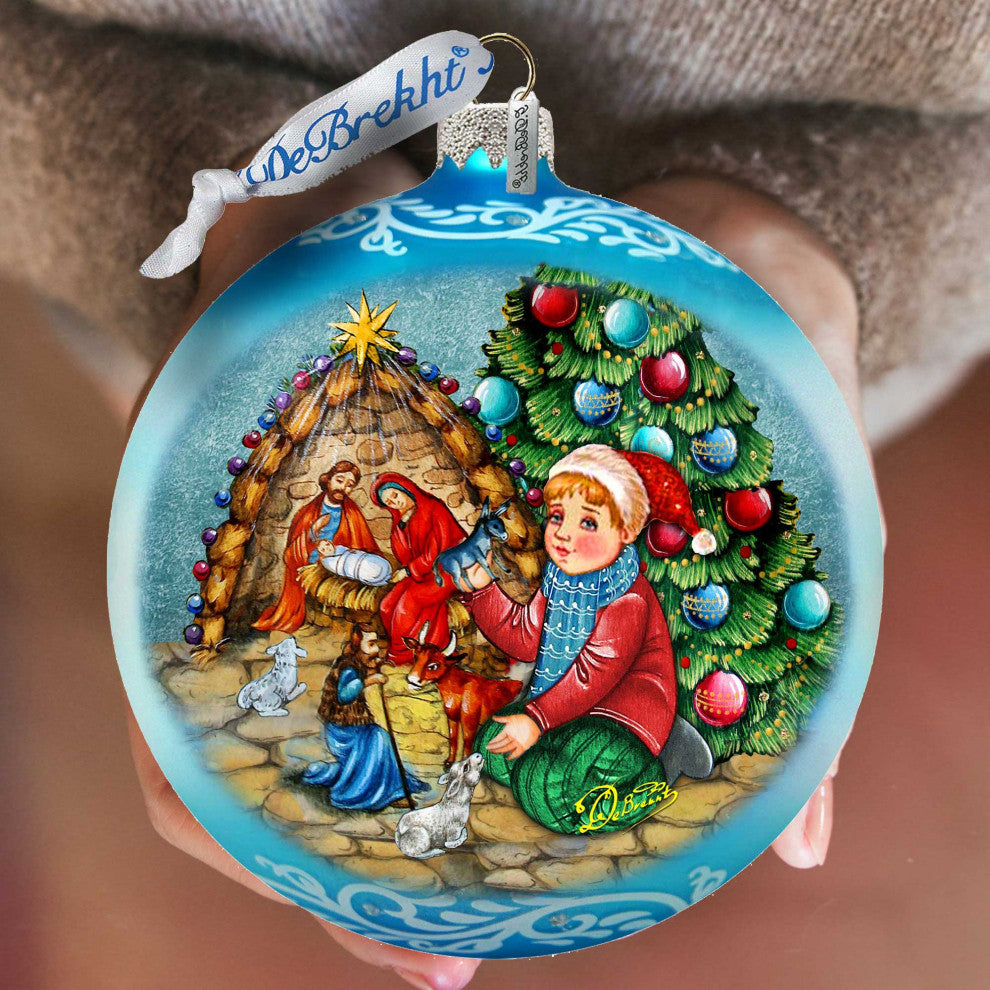 Nativity by the Christmas Tree Lg Glass Ornament, Blue
