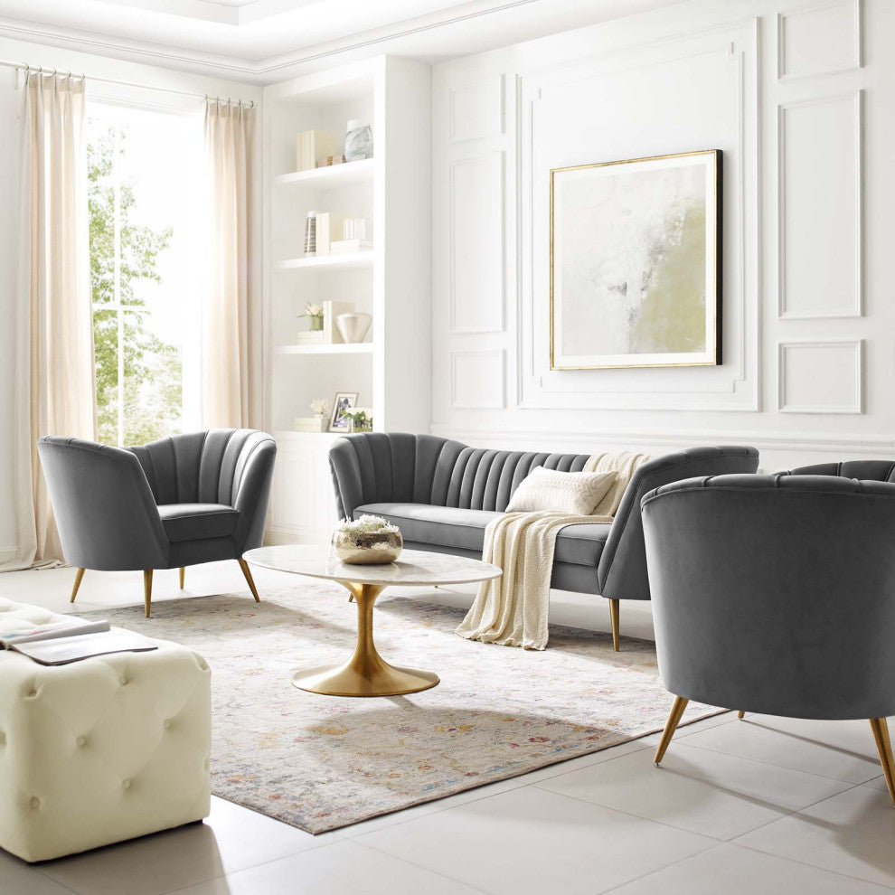 Armchair and Sofa Set, Velvet, Gray, Modern, Living Lounge Hospitality