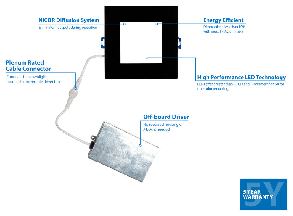 DLE6 Series 6" Square Downlight, Black, 3000k