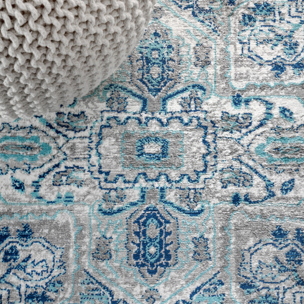Modern Persian Vintage Medallion Light Grey/Blue 2' x 8' Runner Rug