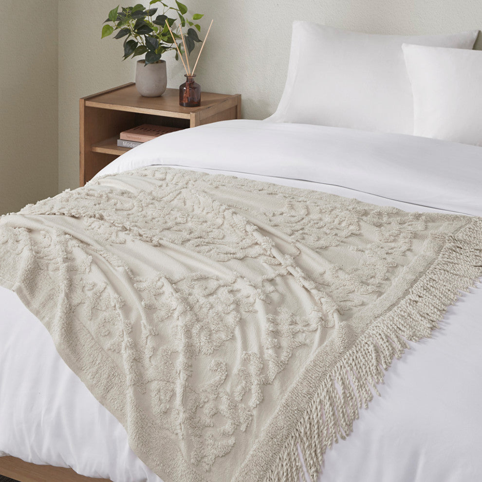 Madison Park Chloe Fringed Tufted Throw Blanket, Boho Pattern, Grey