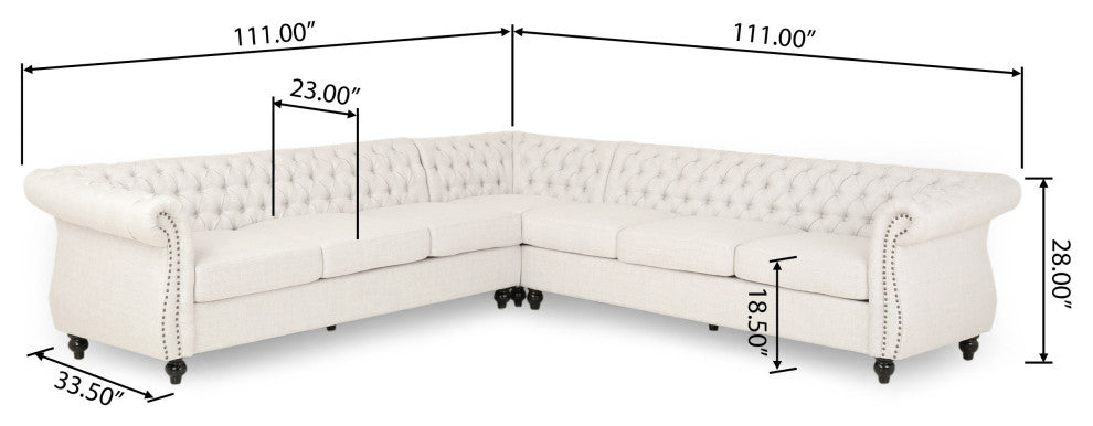 Annabelle 7 Seater Velvet Tufted Chesterfield Sectional, Beige, Dark Brown, Fabric