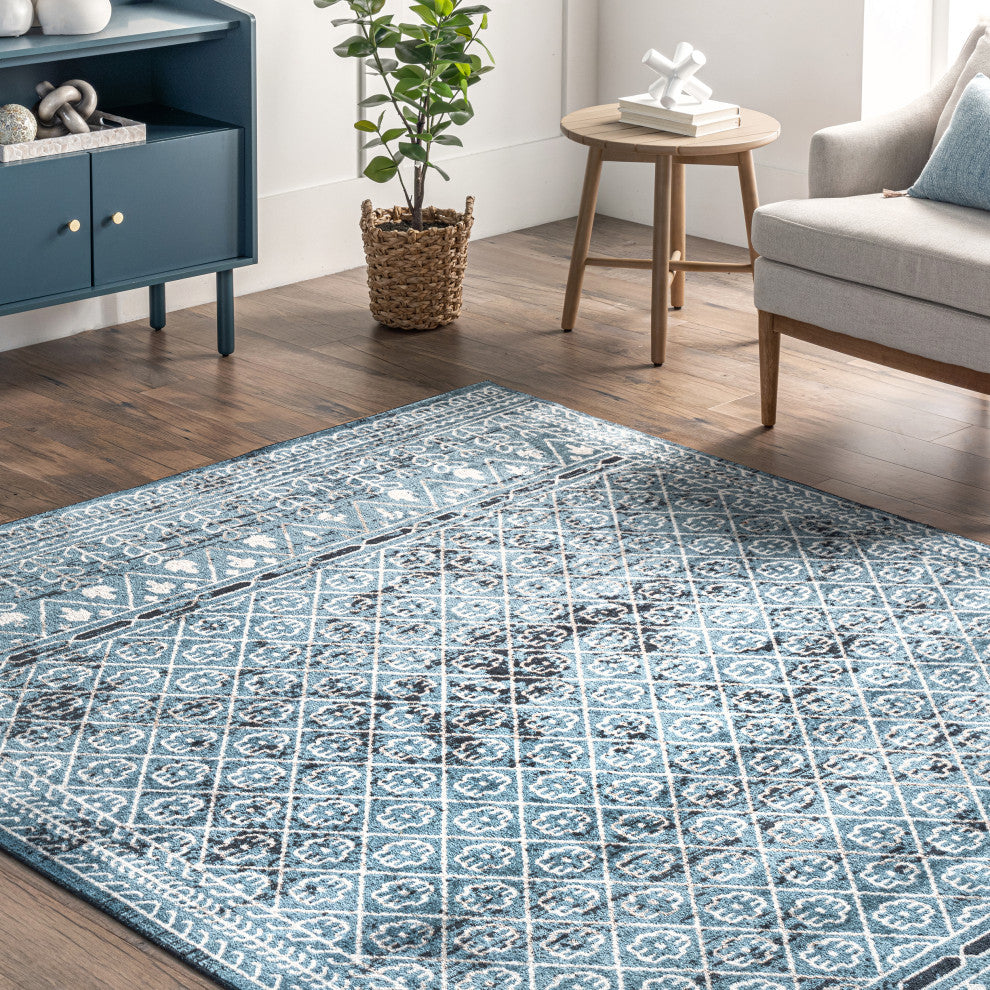 Nuloom Prestyn Machine Washable Faded Tribal Trellis Area Rug, Aqua 3'3"x5'