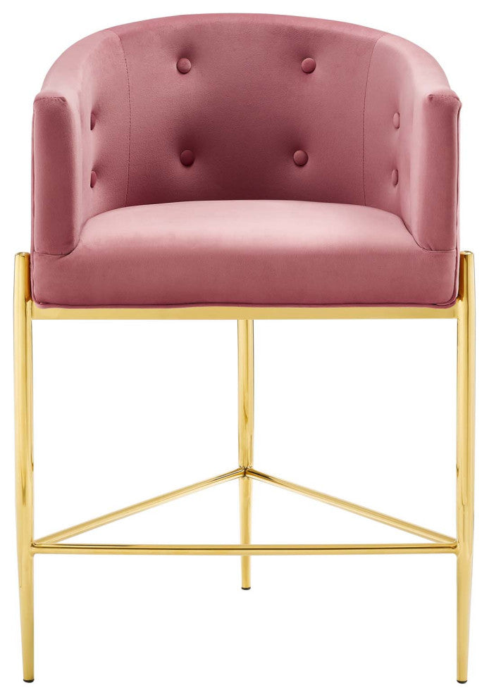 Tufted Counter Stool Chair, Velvet, Metal, Pink, Bar Pub Cafe Bistro Restaurant