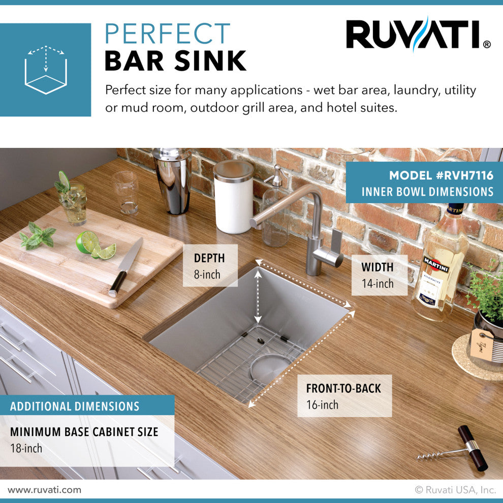 Ruvati RVH7116 16x18" Undermount Bar Prep Tight Raduis Kitchen Sink