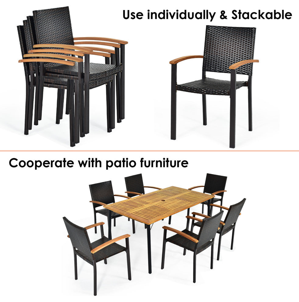 Costway Set of 2 Outdoor Patio PE Rattan Dining Chairs Armrest Stackable Garden
