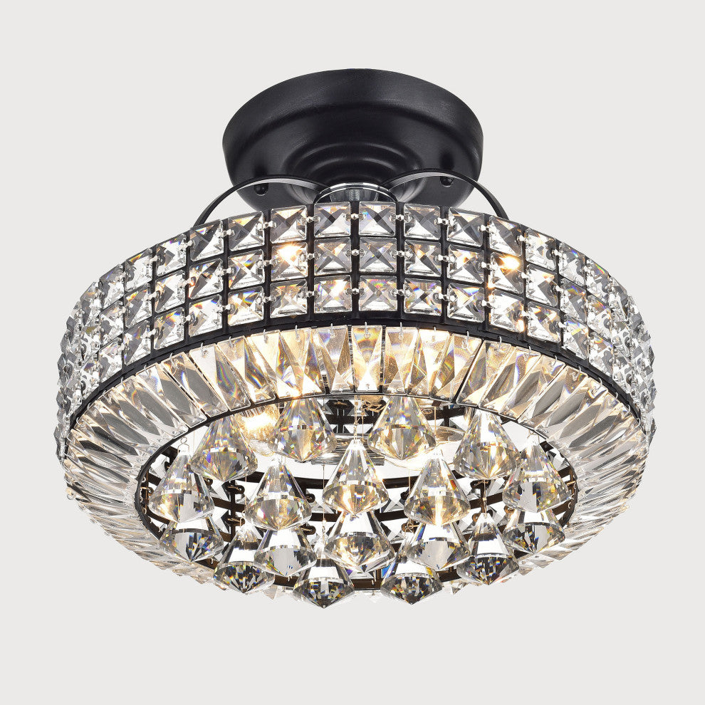 Vera Drum Shade Crystal Semi Flush Mount, Antique Black Finish