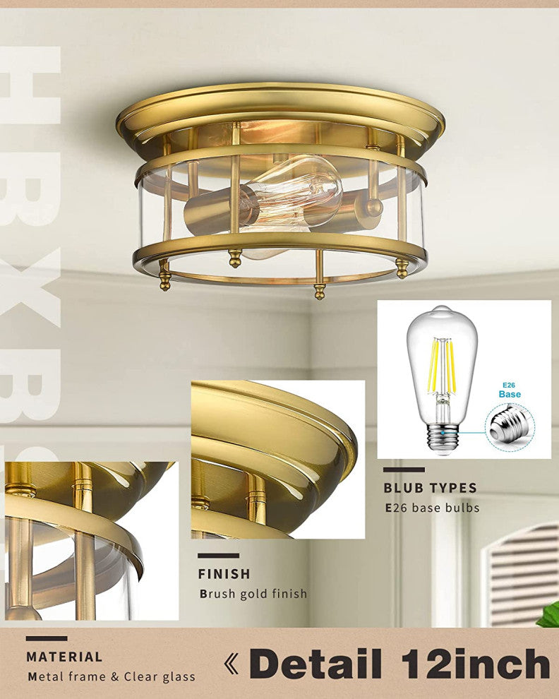 2 Light Ceiling Light, Flush Mount, Gold