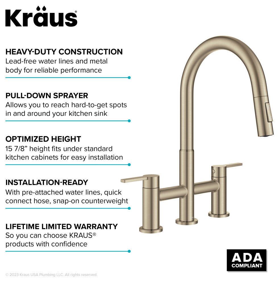 KRAUS Oletto 2-Function Pulldown 3-Hole Bridge Kitchen Faucet, Spot Free ACB