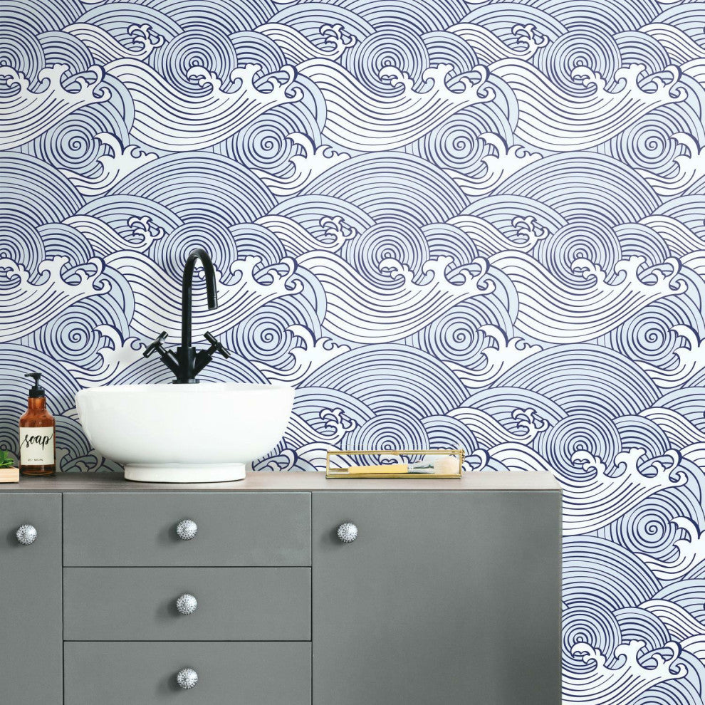 Blue & White Asian Waves Peel & Stick Wallpaper