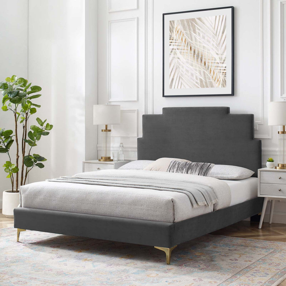 Platform Bed Frame, Full Size, Velvet, Dark Gray, Modern Contemporary