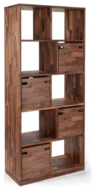Zuma High Modern Solid Wood Walnut Shelving Unit, Open Bookcase