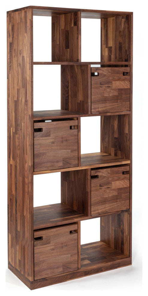 Zuma High Modern Solid Wood Walnut Shelving Unit, Open Bookcase