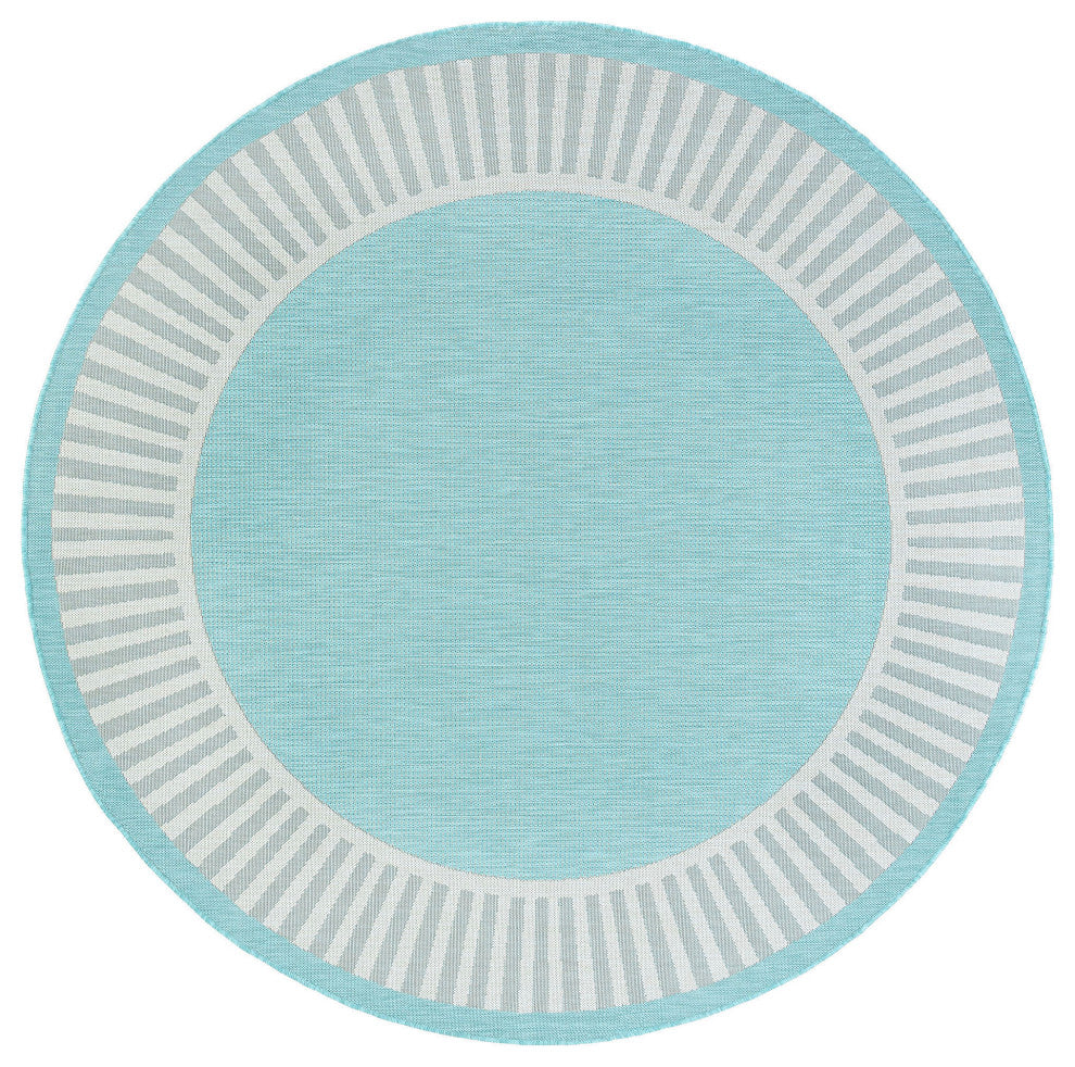 Elgin Transitional Striped Border Aqua/Cream Round Indoor/Outdoor Area Rug, 8'