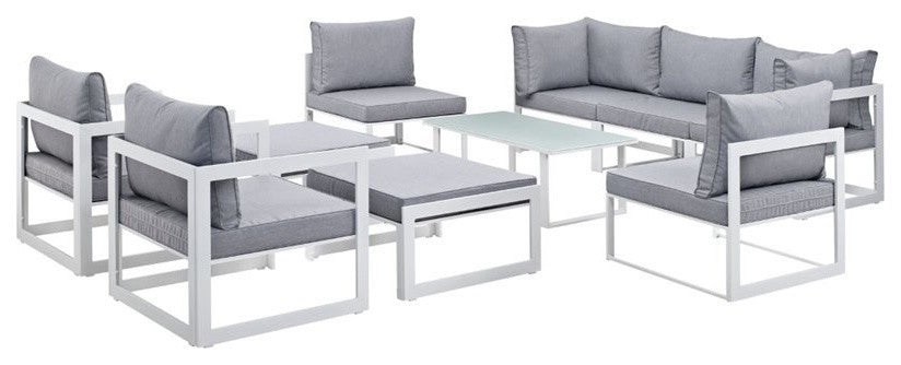 Modway Fortuna 10 Piece Outdoor Patio Sectional Sofa Set, White Gray