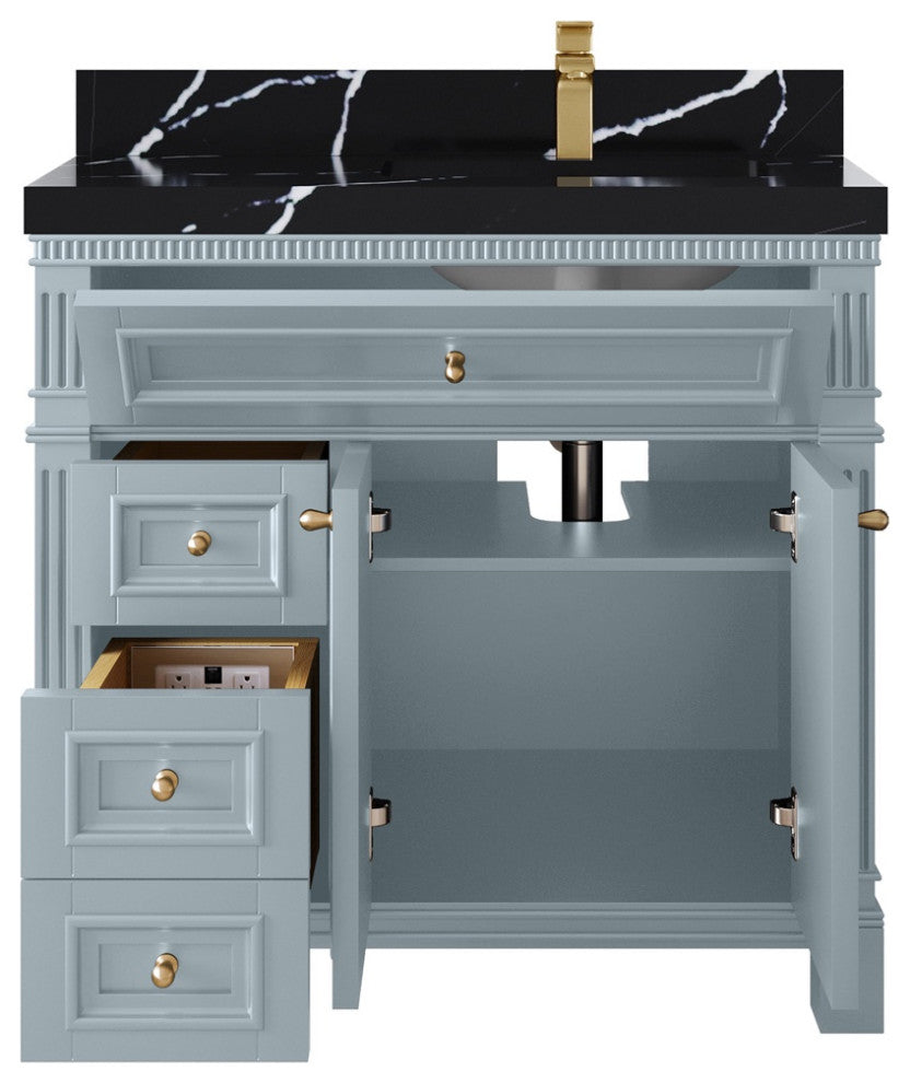 Paris 36" Right Offset Bathroom Vanity, Blue Heather 2" Calacatta Black