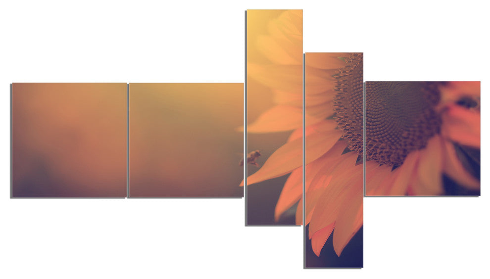 Vintage Photo Of Sunflower Close up, Floral Canvas Art, 60"x32", 5 panels