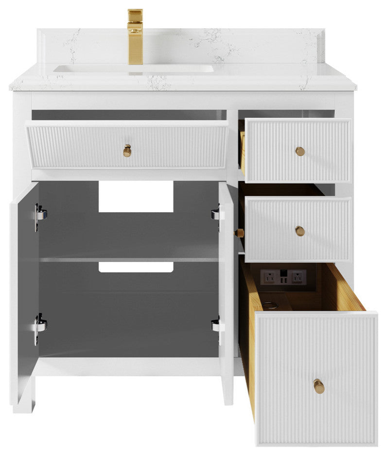 Sonoma 36 Left Offset Reeded Bath Vanity in White 1.5" Empira Quartz