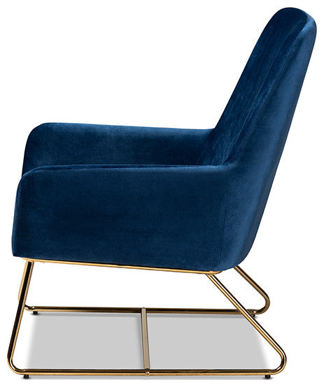 Sennet Glam and Luxe Navy Blue Velvet Fabric Upholstered Gold Finished Armchair