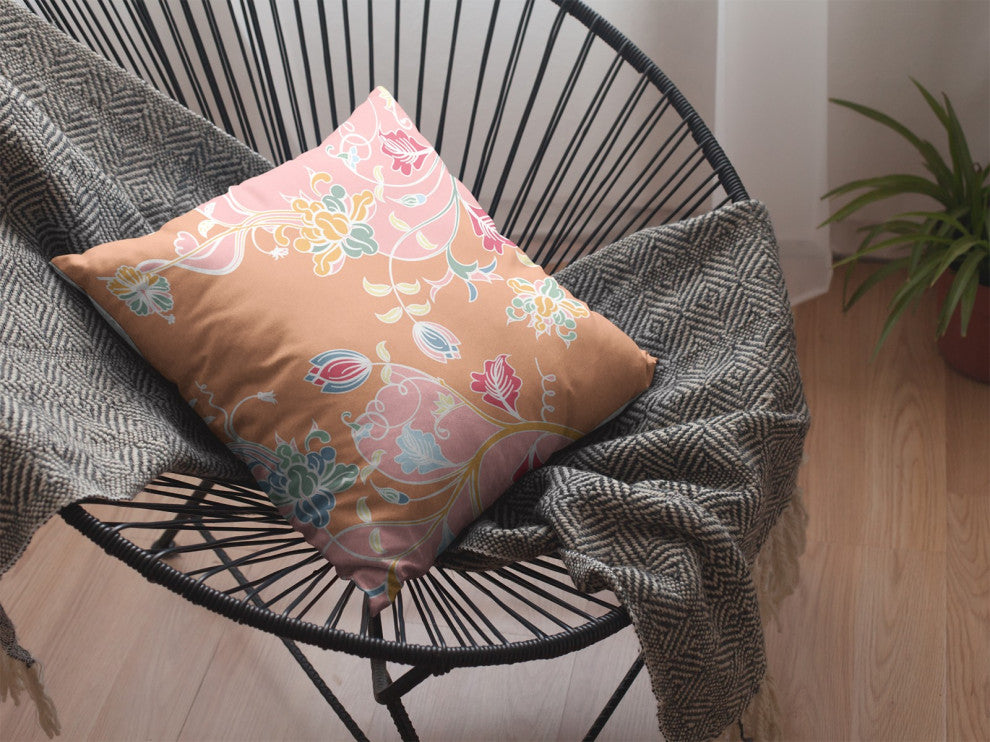 18" Pink Orange Garden Indoor Outdoor Zippered Throw Pillow