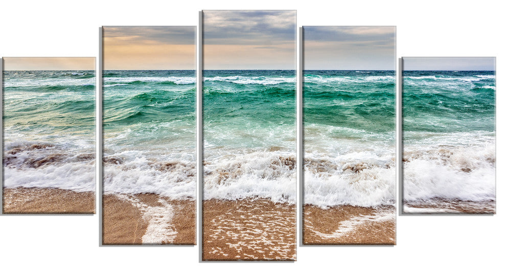 "Crystal Clear Blue Foaming Waves" Seashore Canvas Wall Art, 5 Panels, 60"x32"