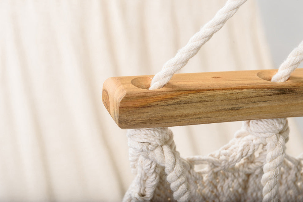 Boho Natural Cotton Hammock With Geometric Fringe, Wooden Bar