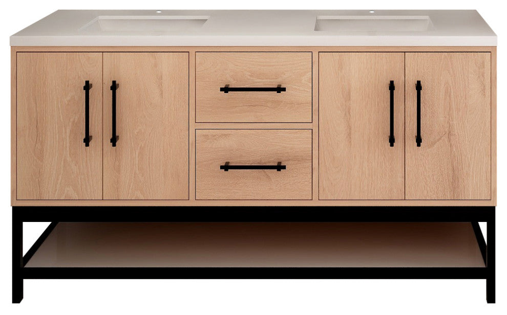 Victoria 60'' Solid Wood Open Shelf Bath Vanity Double Sink, Red Oak