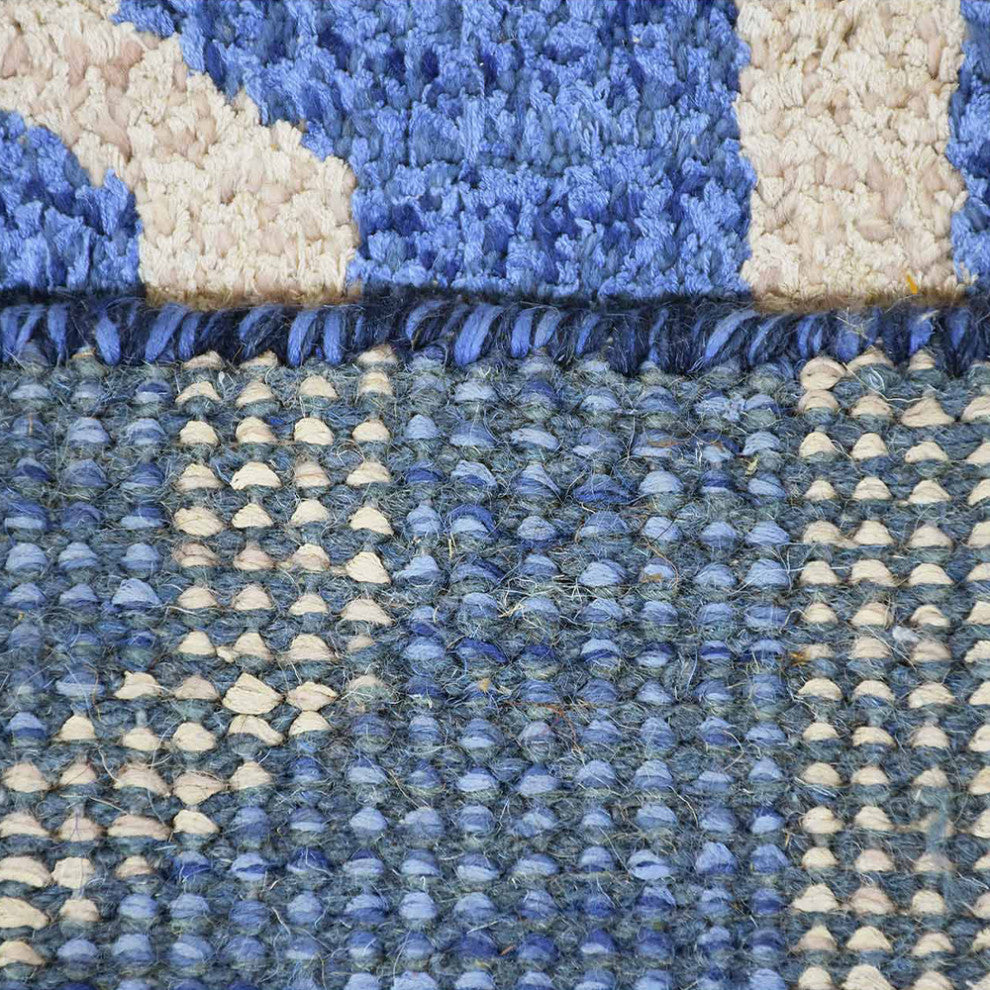 Hand Knotted Wool Area Rug Geometric Blue Beige