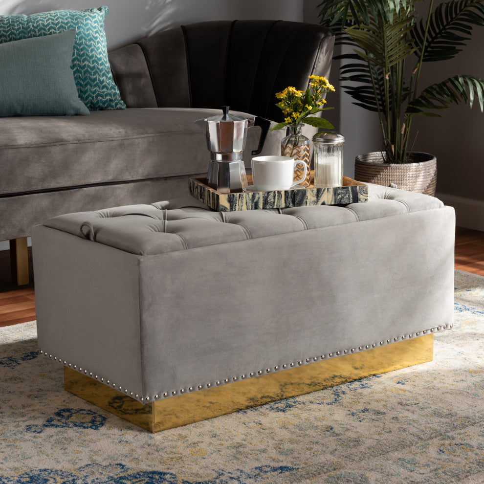 Glam and Luxe Grey Velvet Fabric Upholstered and Gold PU Leather Storage Ottoman