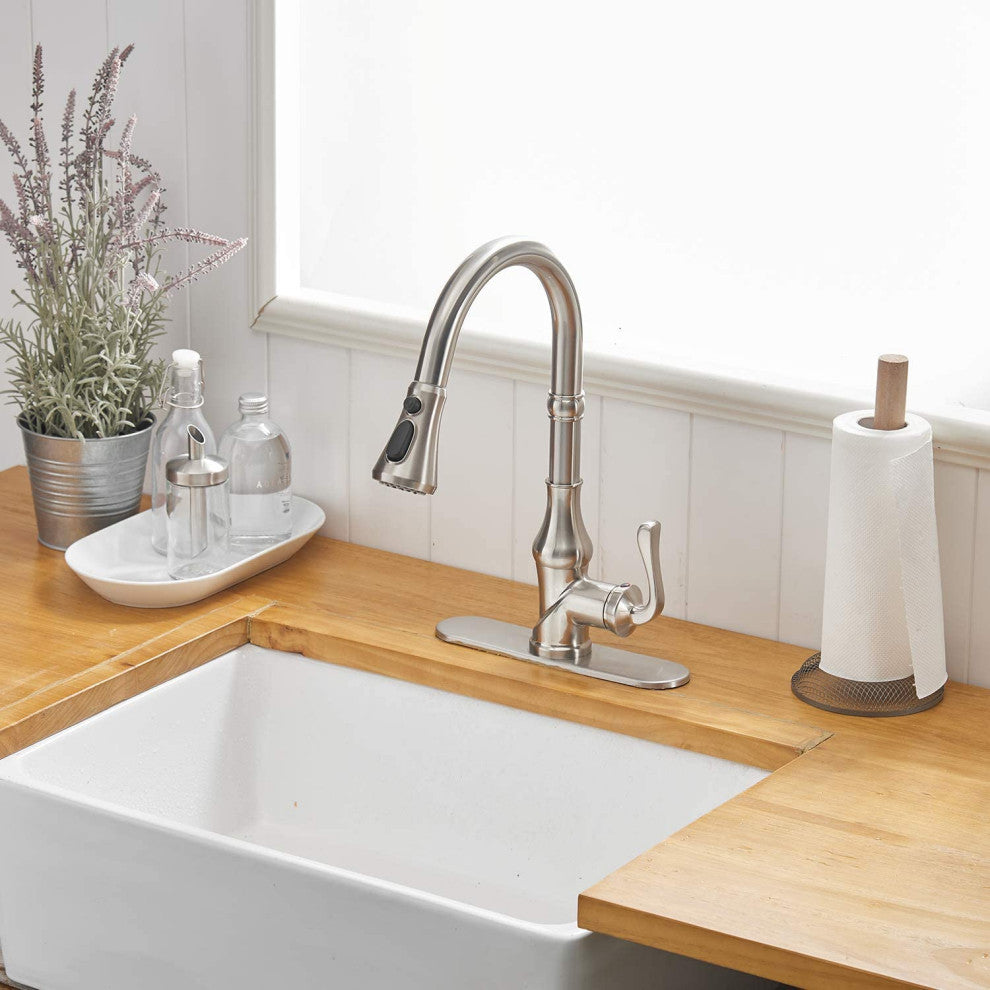 Wellfor Single Level Stainless Steel Kitchen Faucet With Pull Down Spray, Brushed Nickel
