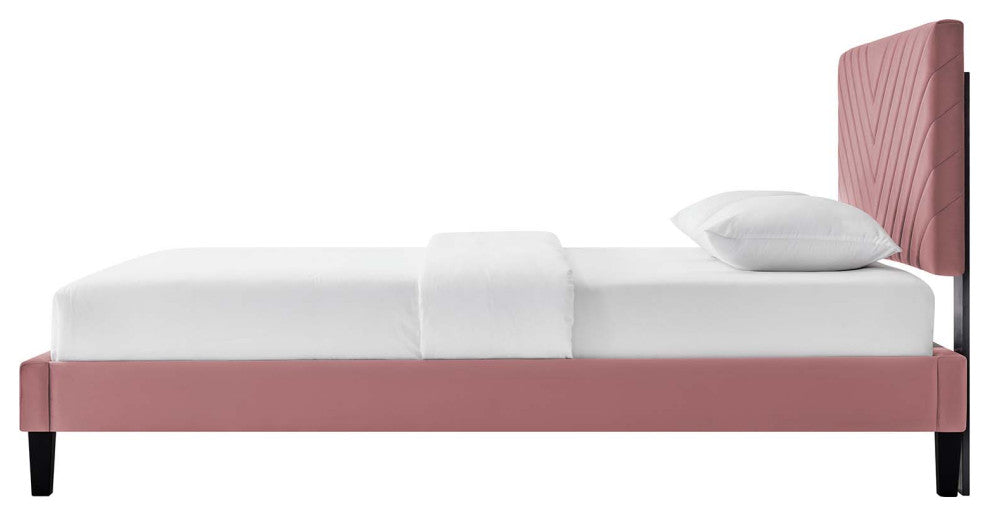 Platform Bed Frame, King Size, Pink, Velvet, Modern, Bedroom Master Guest Suite