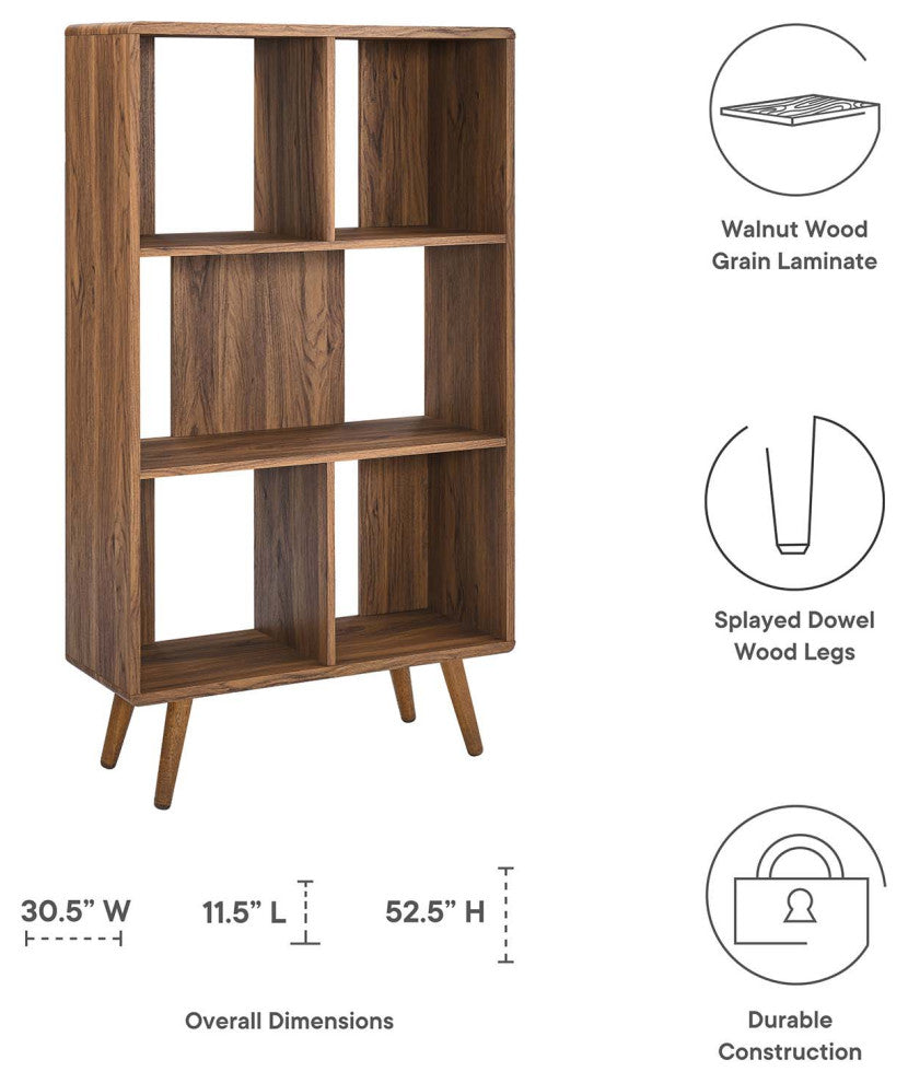 Bookcase Wall Shelf Rack, Walnut, Wood, Modern, Mid Century Hotel Lounge Cafe