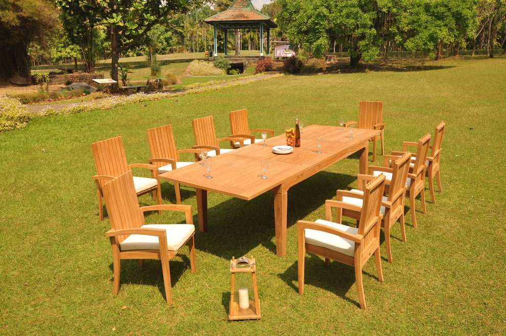 11-Piece Outdoor Teak Dining Set: 122" Rectangle Table 10 Goa Stacking Arm Chair