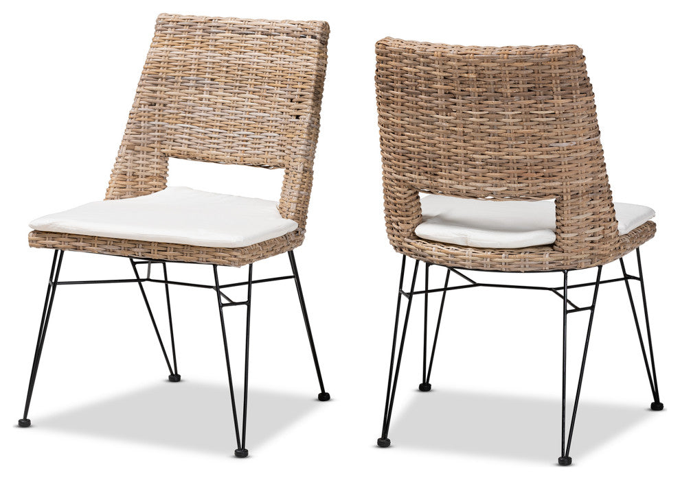 Maria 2-Piece Dining Chair Set With Cushion, Gray Natural Rattan & Metal