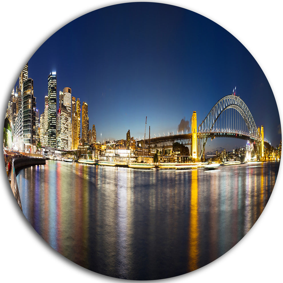 Cityscape Sydney Nightfall Panorama, Cityscape Disc Metal Wall Art, 11"