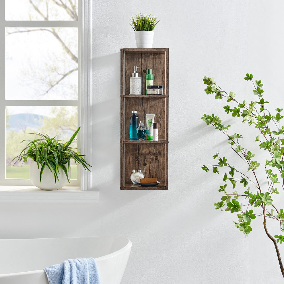 Danya B. Recife Vertical Three-Tier Modern Shadow Box Wall Shelf, Hickory