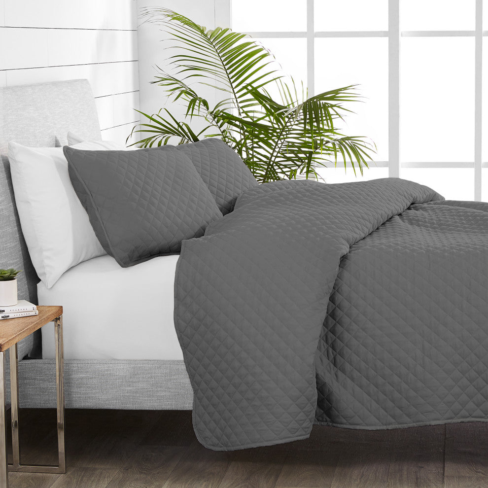 Bare Home Diamond Stitched Coverlet Set, Gray, King