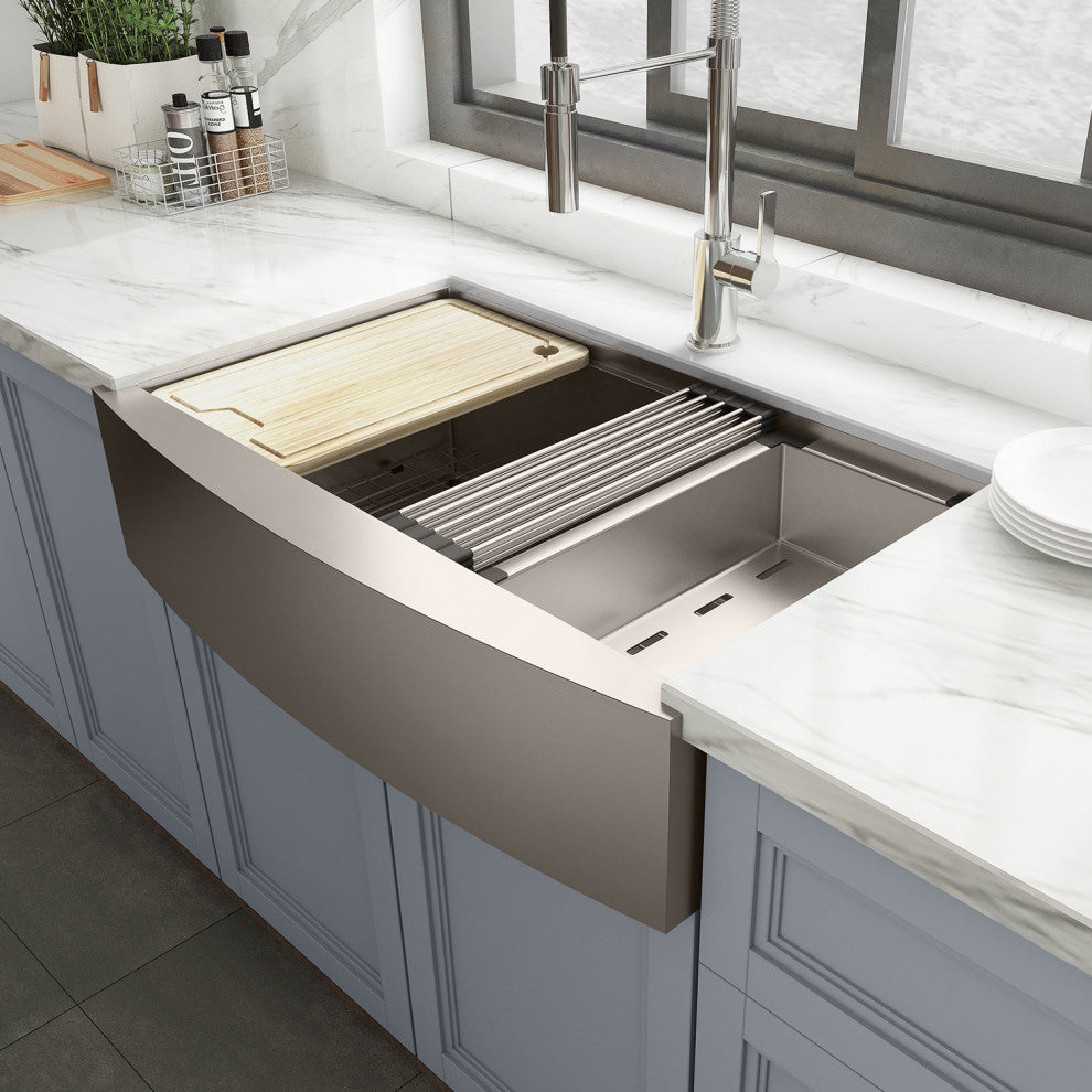 Sinber Single Bowl Kitchen Sink with 304 Stainless Steel Satin Finish, 33"x21" Workstation, Apron/Farmhouse