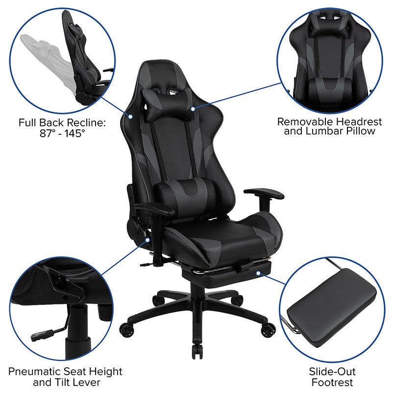 Black Gaming Desk & Footrest Reclining Chair Set, Gray