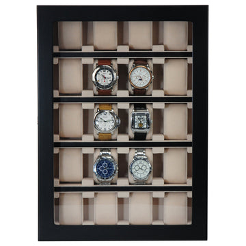 20 Piece Black Ebony Wood Watch Display Wall Hanging Case and Storage Organizer