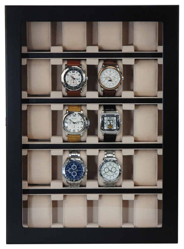 20 Piece Black Ebony Wood Watch Display Wall Hanging Case and Storage Organizer
