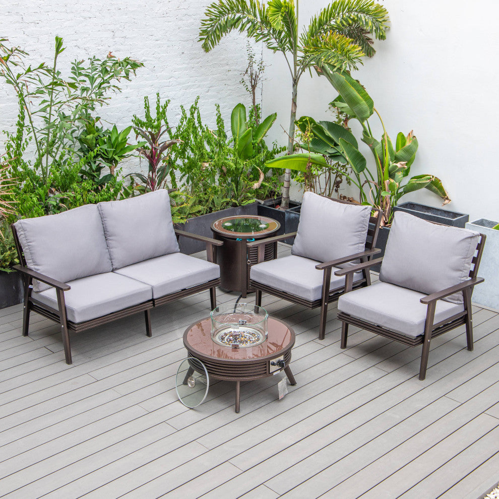LeisureMod Walbrooke Patio Conversation Set With Fire Pit Table, Grey