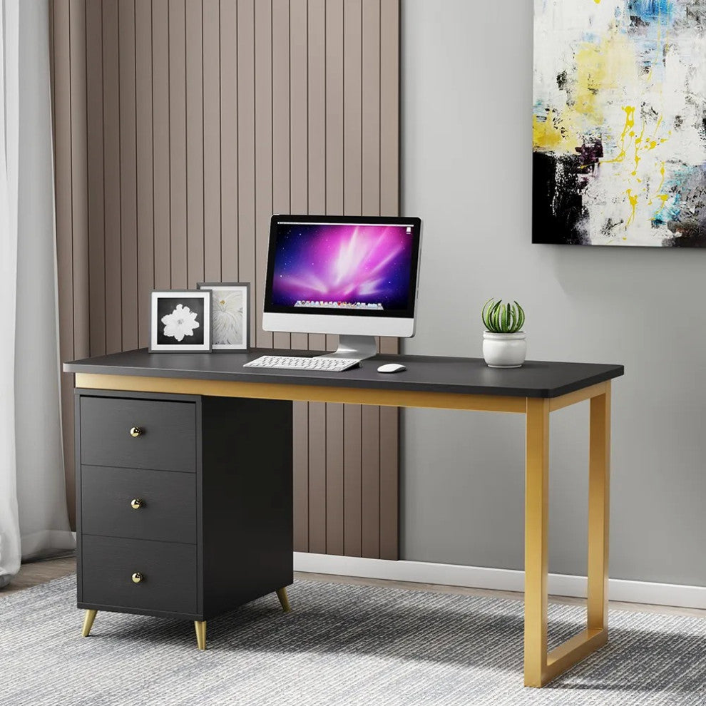 Modern 55" Black Wooden Home Office Writing Desk with Drawers in Gold