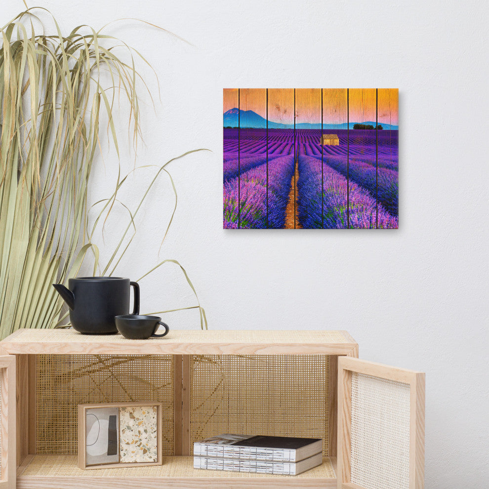 Faux Wood Lavender Fields and Sunset Landscape Canvas Prints, 16" X 20"