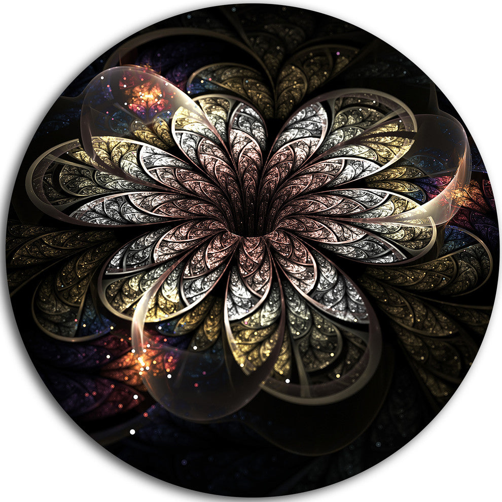 Rounded Glowing Golden Fractal Flower, Floral Round Wall Art, 36"
