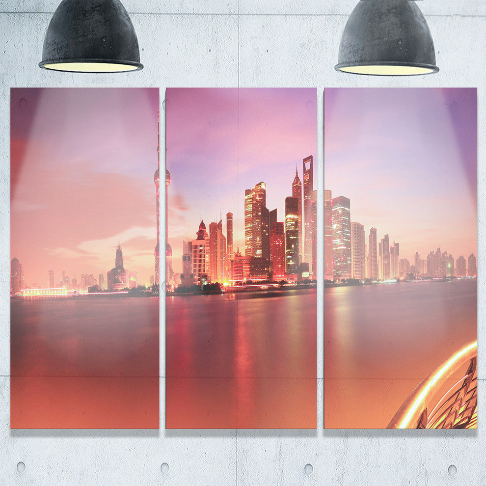 "Shanghai Skyline at Dawn Panorama" Metal Wall Art, 3 Panels, 36"x28"