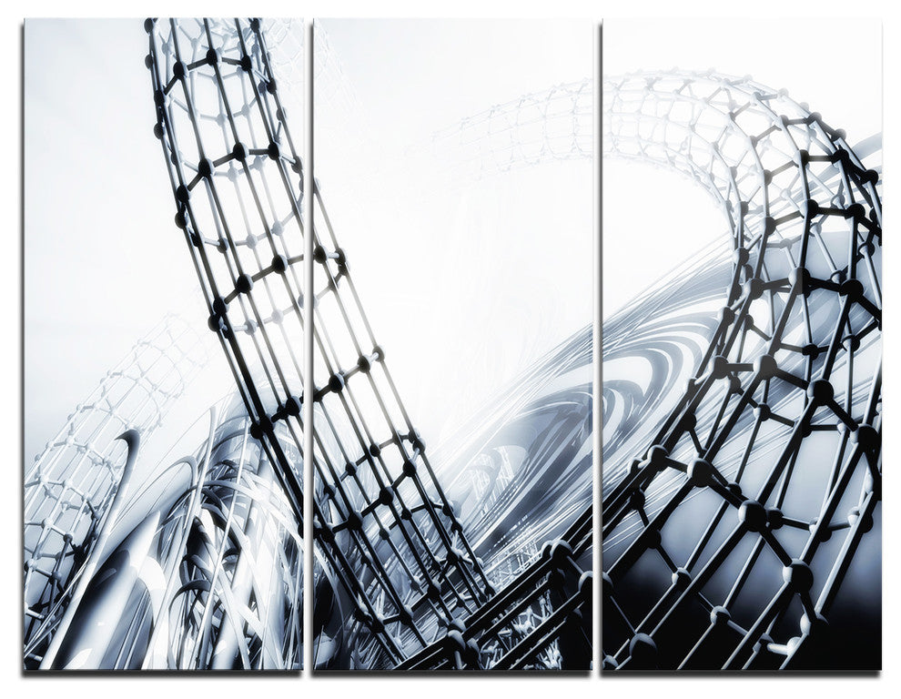 "Fractal 3-D Black White Design" Metal Wall Art, 3 Panels, 36"x28"